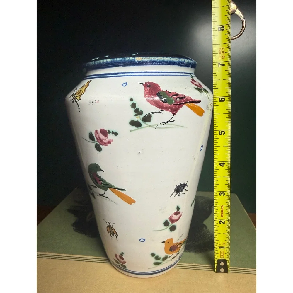 Vintage Italian Hand Painted Bird Butterfly Vase Whimsical Cottagecore Italy
